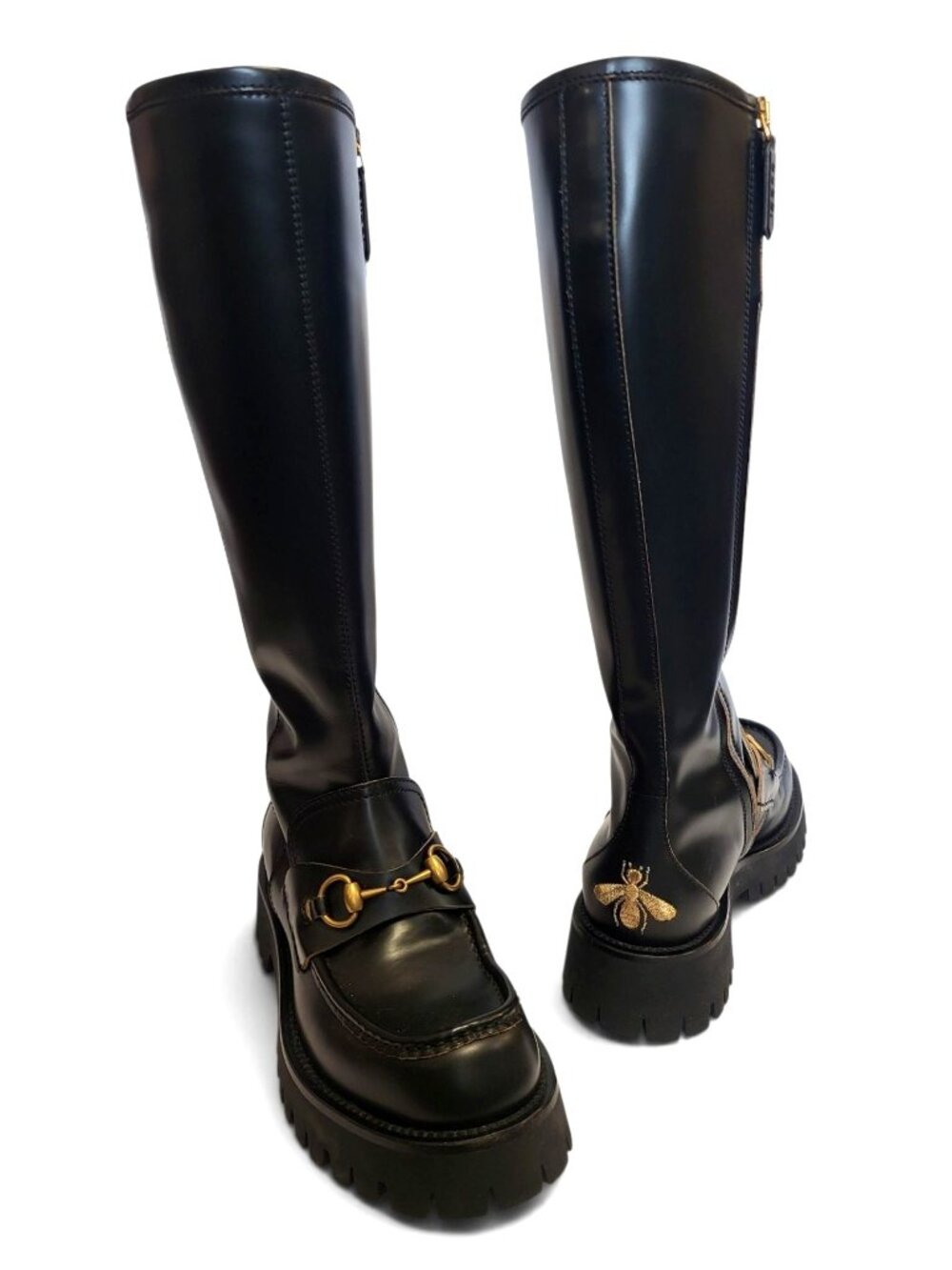 Gucci 1955 Harald Bee Horsebit Boots Black Leather Knee High Lug Sole